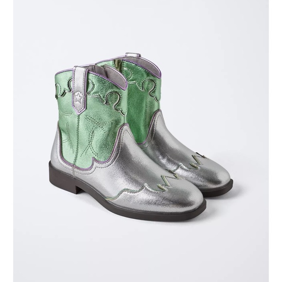 Zara Kids Metallic Cowboy Ankle Boots Silver/ Green NWT - Picture 1 of 8